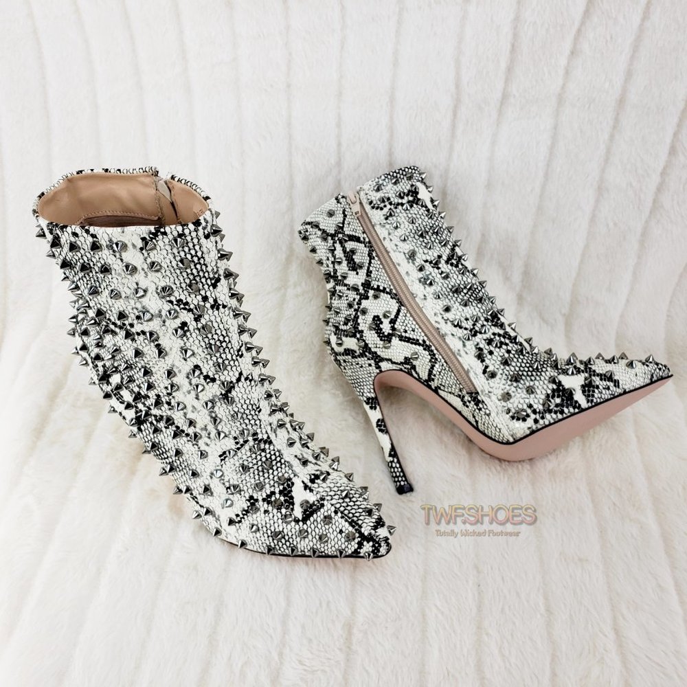 Passion Off White Black Snake Spiked 4.5" High Heel Ankle Boots - Picture 10 of 12